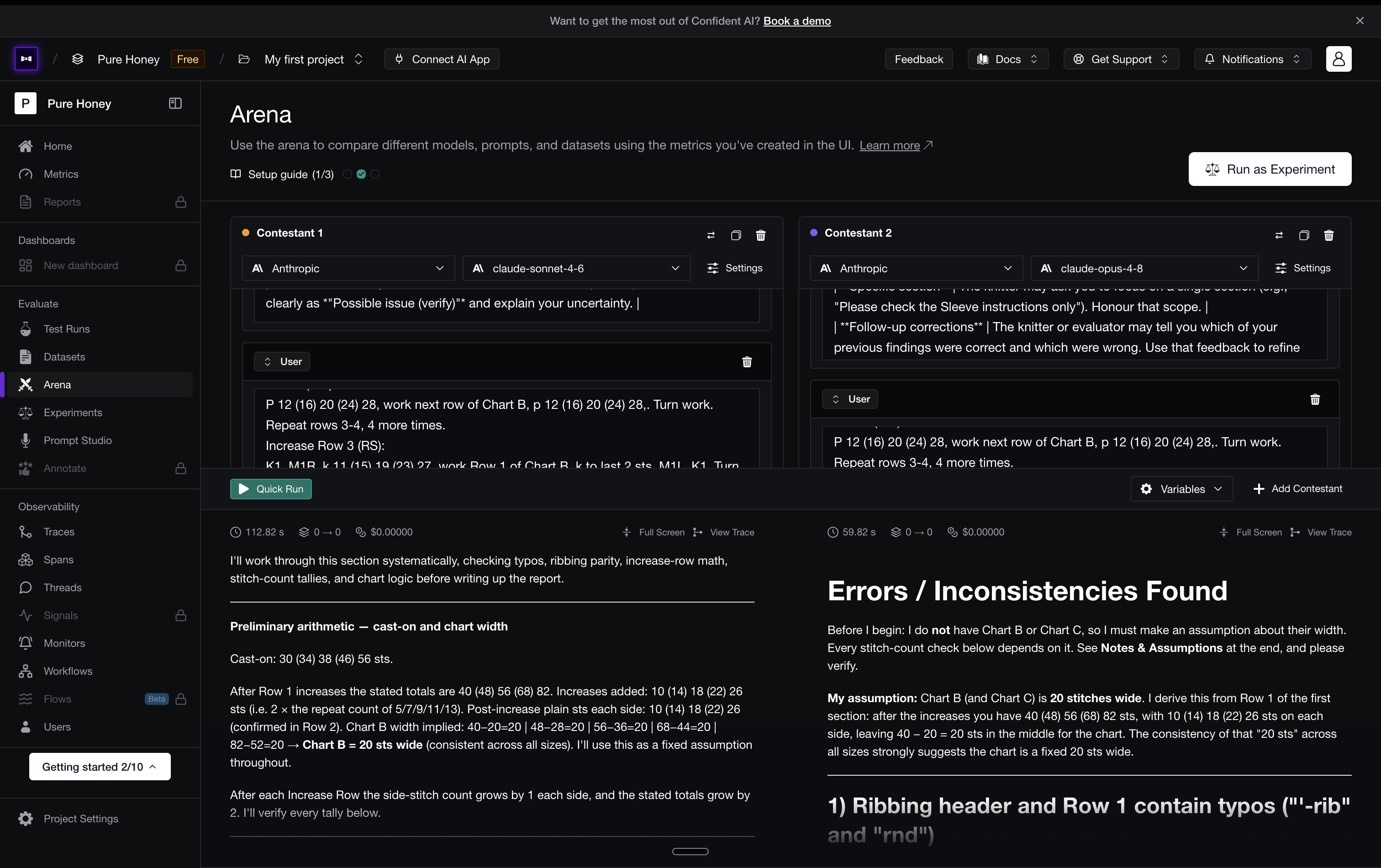 Confident AI's Arena — two contestants running side by side, with each one's provider and model name visible in the column headers the whole time you review outputs